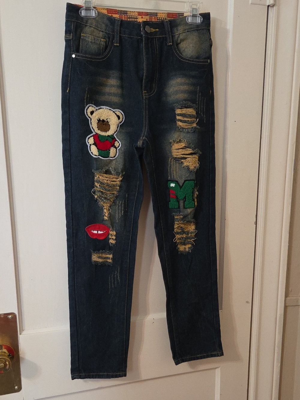 Dark Blue Skinny Jeans with Teddy & Patch Embellishments 12 Y 30 In. W 26 inseam